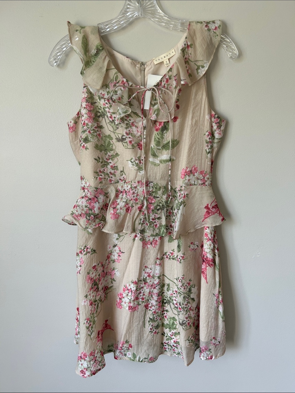 Promesa Beige Floral Ruffle Tie-Front Mini Dress